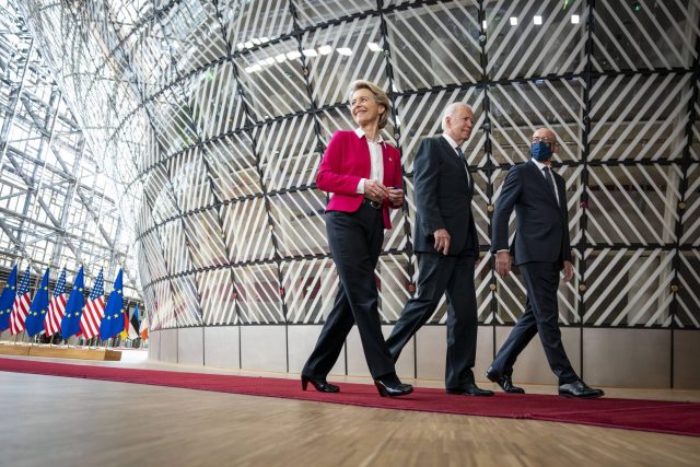 President Joe Biden walks with European Council President Charles Michel, right, and European Commission President Ursula von der Leyen, during the European Union Summit at the European Council in Brussels on Tuesday, June 15, 2021. (Doug Mills/The New York Times) Ukraine war drives the US, EU deal to undercut Russian energy
