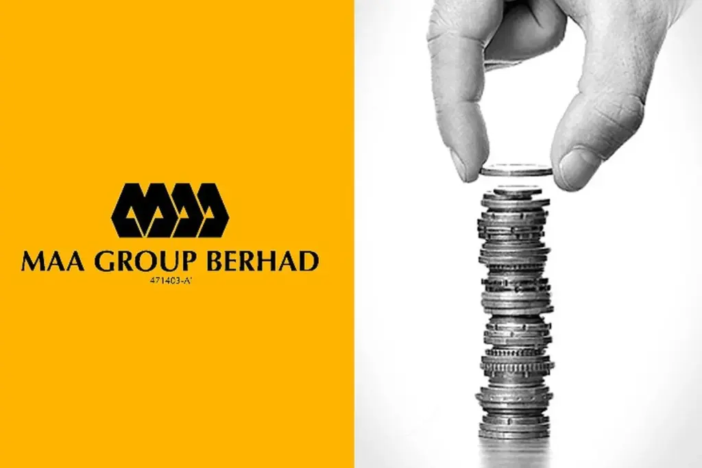 Stock market graph showing MAA Group share price decline from 0.94 MYR to 0.56 MYR over time.